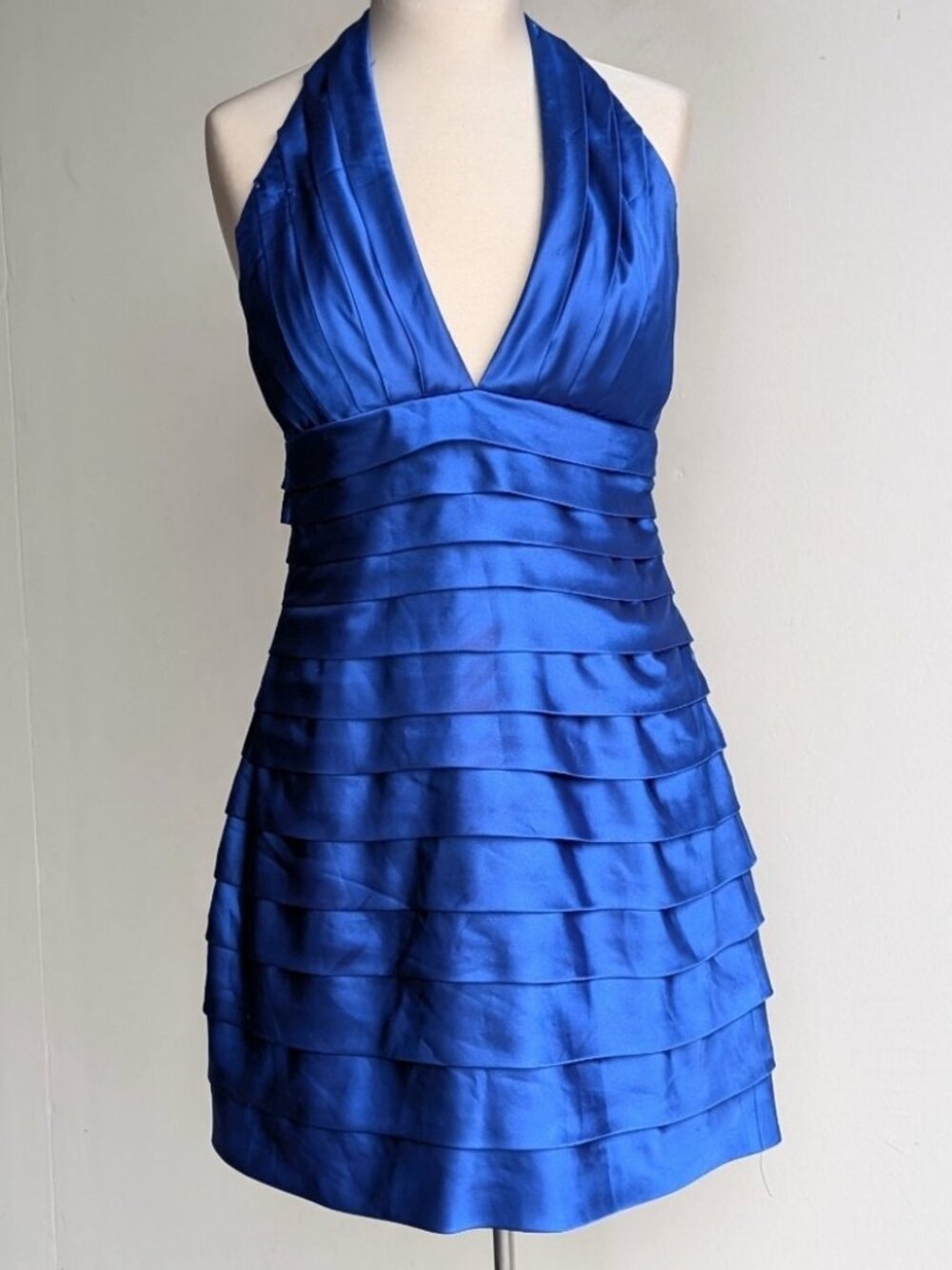 Vintage Blue Satin Tiered Halter Dress